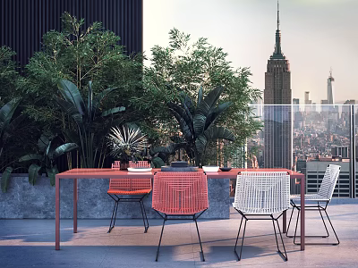 Red Outdoor Table With Chairs And Green Plants On City Skyline Terrace 3d model