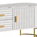 Modern White TV Stand With Gold Metal Legs Vertical Stripes Drawers And Cabinets
