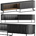 Modern Wooden Dresser With Striped Panels And Open Storage Space On Metal Base