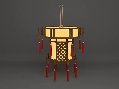 Traditional Chinese Lantern With Wooden Frame Red Tassels And Lattice Design 3d model