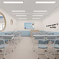Modern Kindergarten Reception Area Featuring Circular Ceiling Logo Wooden Panels White Desk And Green Plant