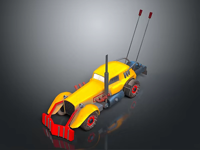 Low poly style yellow yellow tractor yellow tractor low poly style red bucket black pole antenna red spokes front wheel gray background 3d model