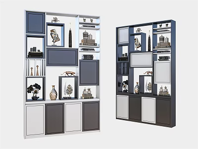 Modern Multilayer Decorative Cabinet With Grey White Shelves And Various Decorations 3d model