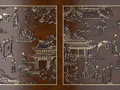 Intricate Traditional Wooden Carvings Featuring Ancient Architecture Figures And Landscape Patterns 3d model