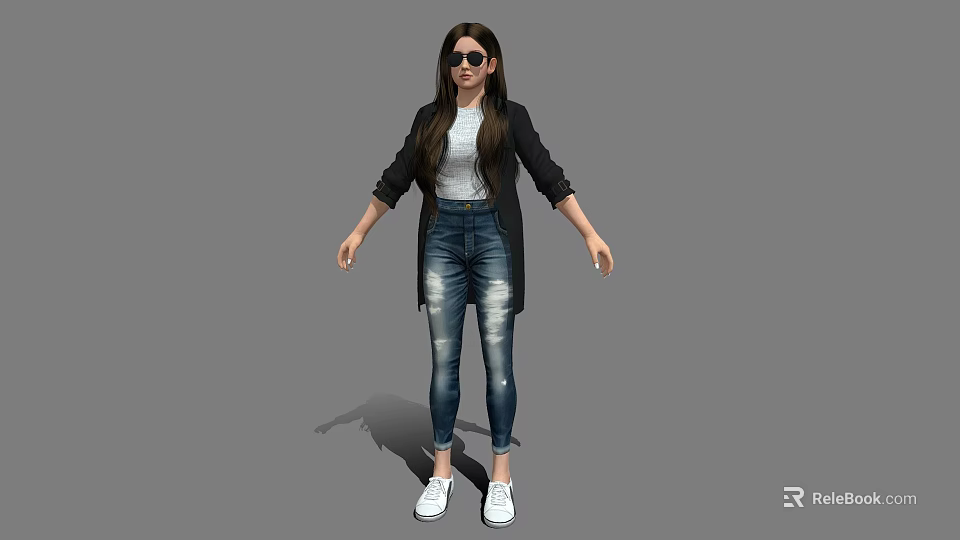 Stylish Woman Wearing Black Jacket White Top Blue Jeans And White Sneakers With Sunglasses 3d model 