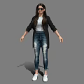 Stylish Woman Wearing Black Jacket White Top Blue Jeans And White Sneakers With Sunglasses