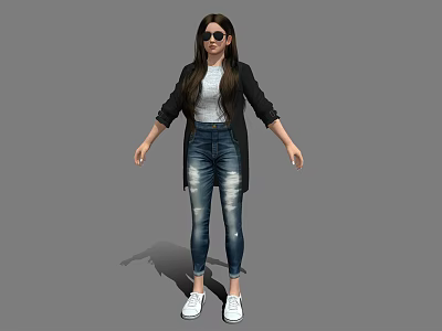 Stylish Woman Wearing Black Jacket White Top Blue Jeans And White Sneakers With Sunglasses 3d model