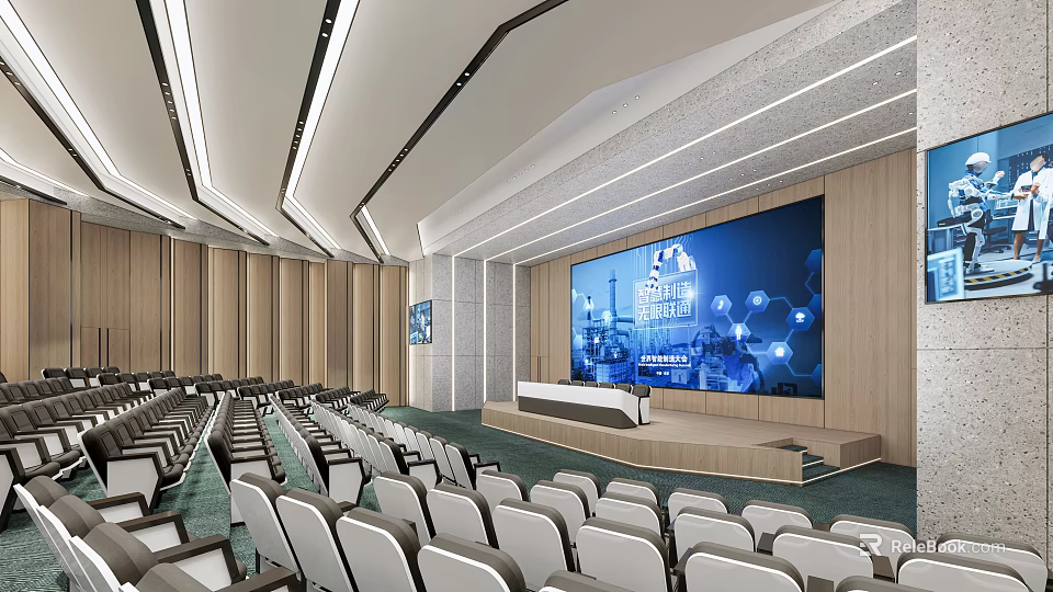 Modern Conference Room With Rows Of White Seats Podium And Large Screen 3d model 