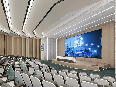 Modern Conference Room With Rows Of White Seats Podium And Large Screen 3d model