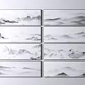 Set of Chinese Ink Landscape Paintings Featuring Misty Mountains And Clouds