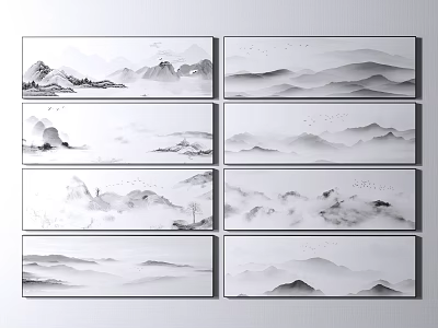 Set of Chinese Ink Landscape Paintings Featuring Misty Mountains And Clouds 3d model