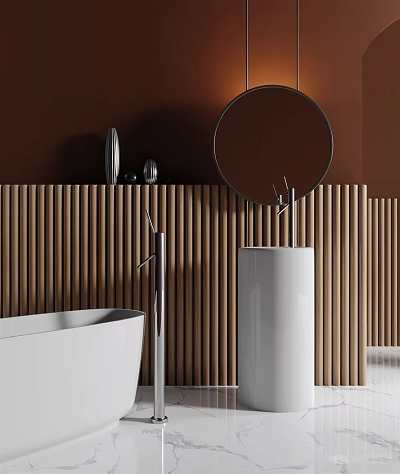 Modern White Washbasin Interior With Wooden Slat Wall Round Mirror And Bathtub 3d model