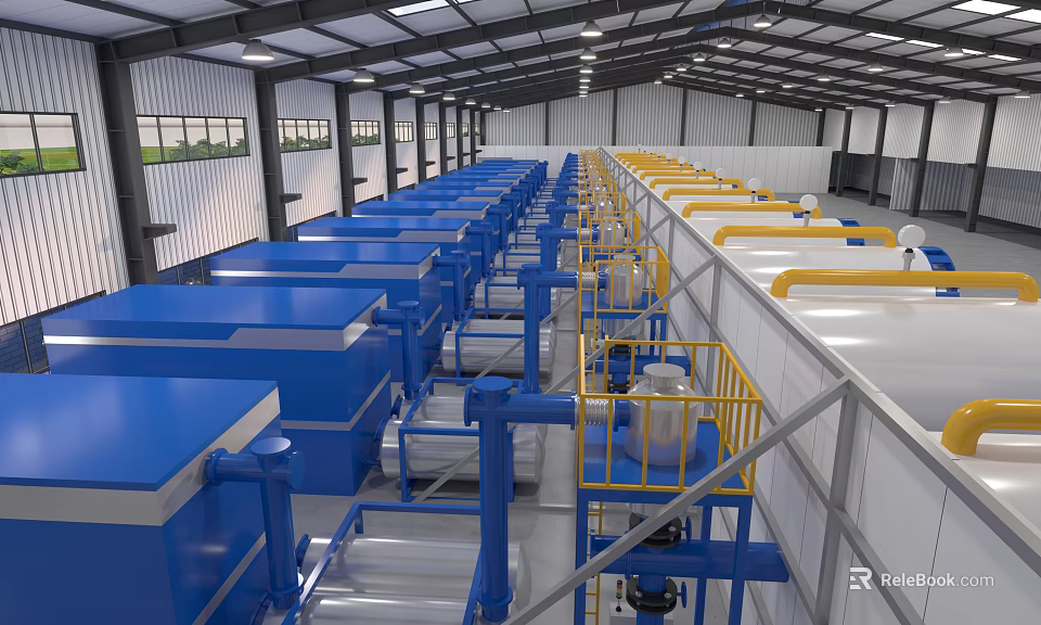 Industrial Equipment Production Line In Factory Interior With Blue And Yellow Machinery 3d model 