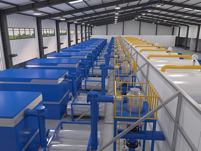 Industrial Equipment Production Line In Factory Interior With Blue And Yellow Machinery 3d model