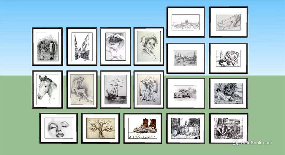 Various Black And White Framed Artworks Display On Colorful Wall With Different Themes 3d model 