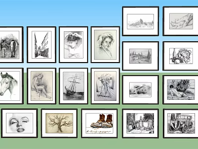 Various Black And White Framed Artworks Display On Colorful Wall With Different Themes 3d model