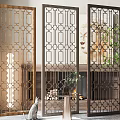Modern Decorative Room Divider With Geometric Pattern Metal Frame And Indoor Plants 3d model