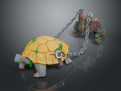 Yellow Reptile Tortoise With Green Patterned Shell Chained to Wooden Fence 3d model