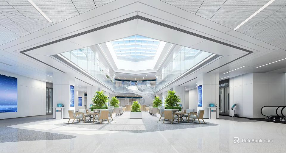 Modern Lobby Reception Desk Interior With Green Plants Tables Chairs And Skylight 3d model 