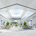 Modern Lobby Reception Desk Interior With Green Plants Tables Chairs And Skylight