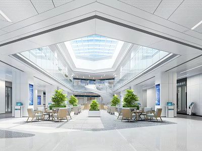 Modern Lobby Reception Desk Interior With Green Plants Tables Chairs And Skylight 3d model