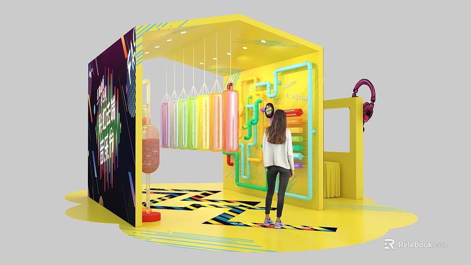Vibrant Interactive Zone With Colorful Hanging Columns Yellow Structure Neon Lights And Visitor Interaction 3d model
