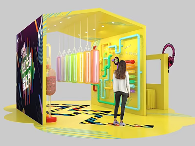 Vibrant Interactive Zone With Colorful Hanging Columns Yellow Structure Neon Lights And Visitor Interaction 3d model