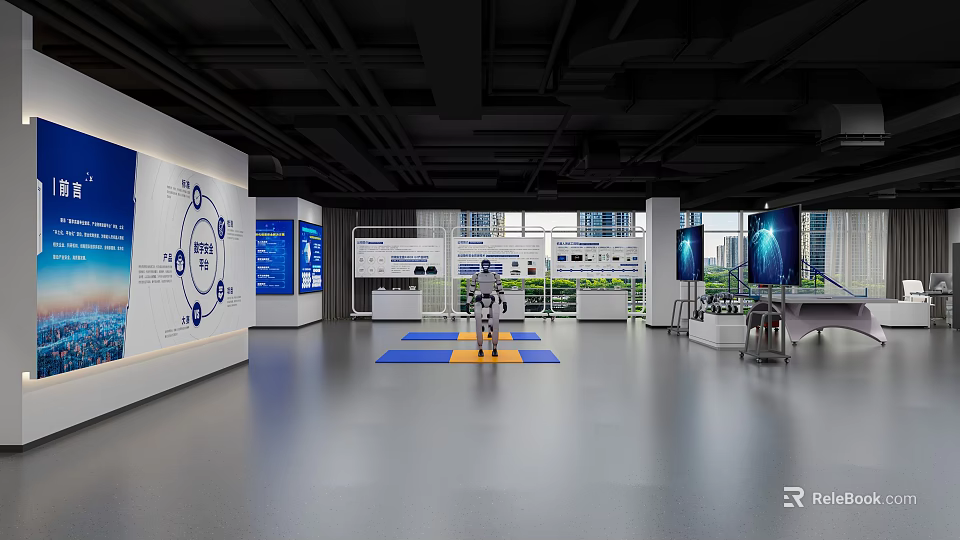 Modern Corporate Exhibition Hall Interior With Digital Screens And Robot 3d model 