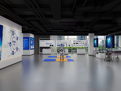 Modern Corporate Exhibition Hall Interior With Digital Screens And Robot 3d model