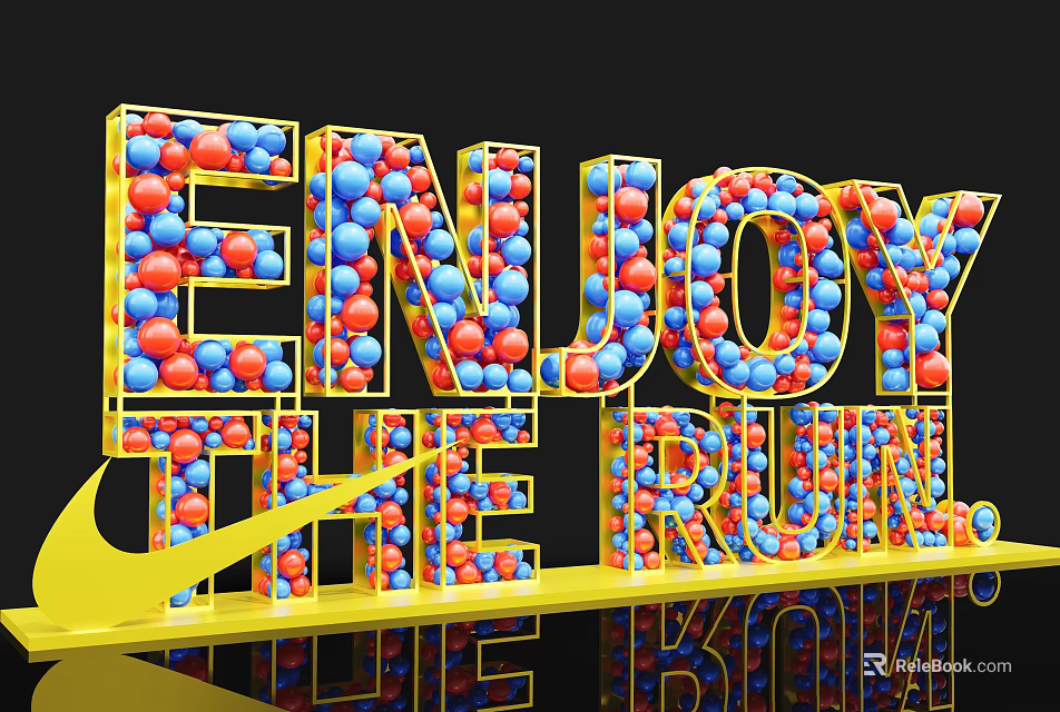 ENJOY THE RUN Photo Spot With Colorful Balls Golden Frame And Reflection 3d model 