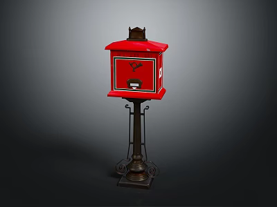 Red Vintage Mailbox With Black Iron Stand And Decorative Top 3d model
