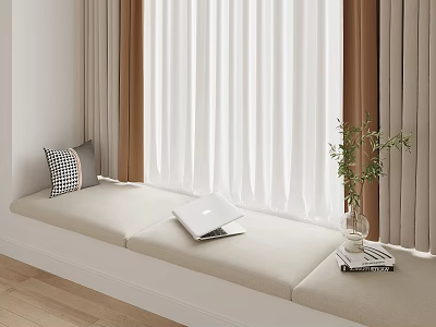 Cozy Modern Window Seat with Beige Cushion Open Laptop Green Plant Books White Sheer Curtains 3d model