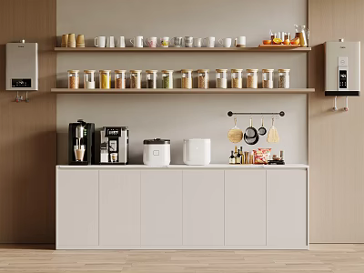 Modern Kitchen With White Cabinets And Shelves Holding Various Jars Coffee Machine Rice Cooker Appliances 3d model