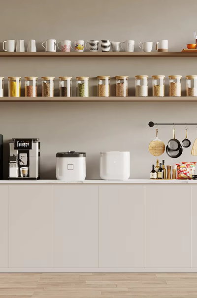 Modern Kitchen With White Cabinets And Shelves Holding Various Jars Coffee Machine Rice Cooker Appliances 3d model