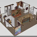 Modern Exhibition Booth Design With Display Cabinets Shelves And Circular Decorative Elements 3d model