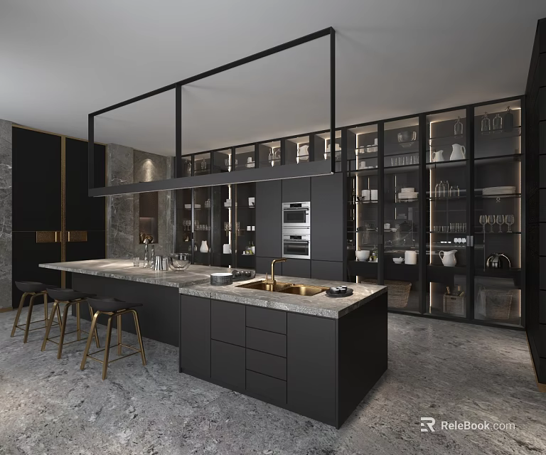 Modern Black Kitchen Interior With Island Counter Marble Top Glass Cabinets And Stools 3d model 