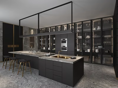 Modern Black Kitchen Interior With Island Counter Marble Top Glass Cabinets And Stools 3d model