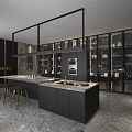 Modern Black Kitchen Interior With Island Counter Marble Top Glass Cabinets And Stools