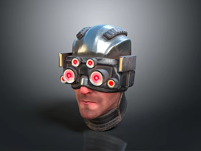 Tactical Weapon Helmet With Metallic Shell And Red Circular Lenses For Combat Use 3d model