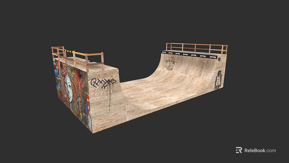 Wooden Skateboard Ramp With Graffiti Art And Safety Railings For Skate Sports 3d model 