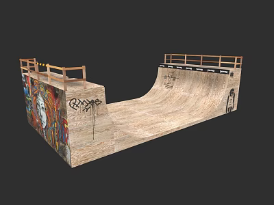 Wooden Skateboard Ramp With Graffiti Art And Safety Railings For Skate Sports 3d model