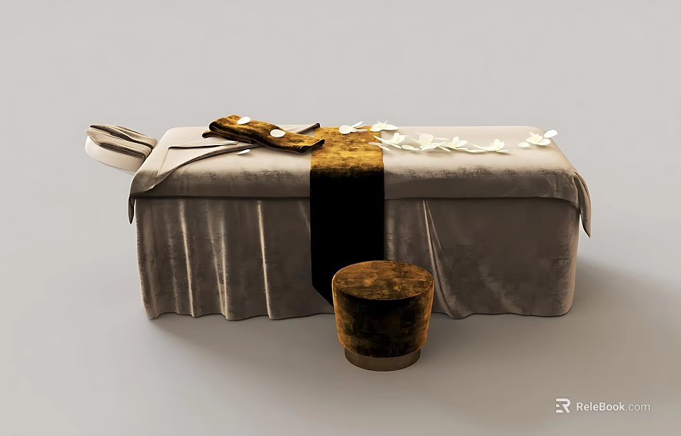 Luxurious Massage Bed With Soft Fabric Cover Flower Petals And Stool 3d model 