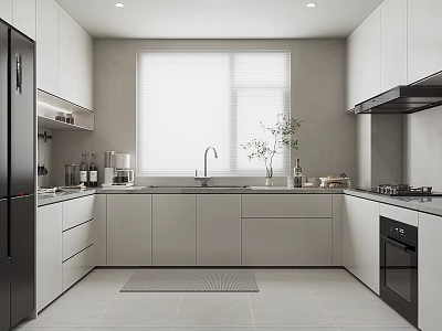 Modern Kitchen Design with White Cabinets Black Appliances Window Sink and Countertop 3d model