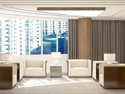 Hotel Public Lounge With Modern Design Large Windows Natural Light And White Armchairs 3d model