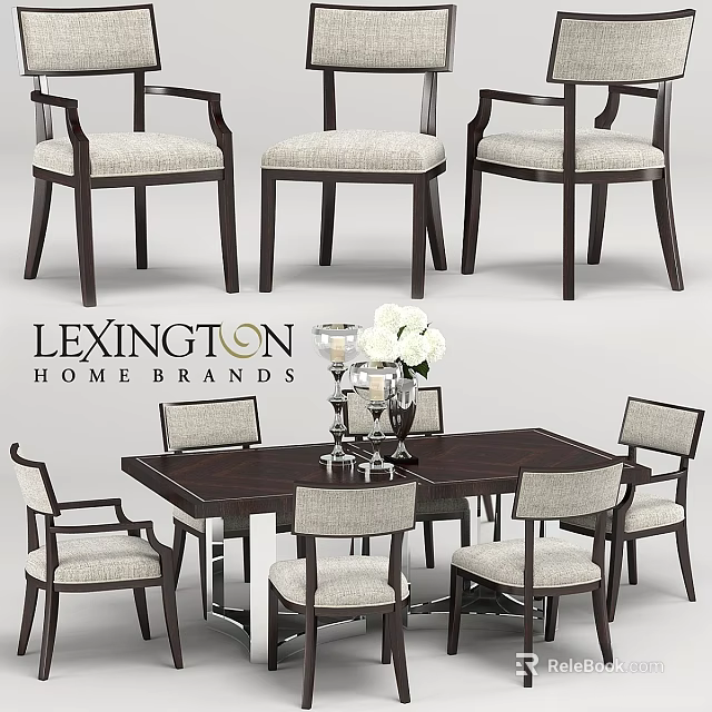 Lexington Home Brands Dining Table With Light Upholstered Chairs And Decorative Centerpiece 3d model 
