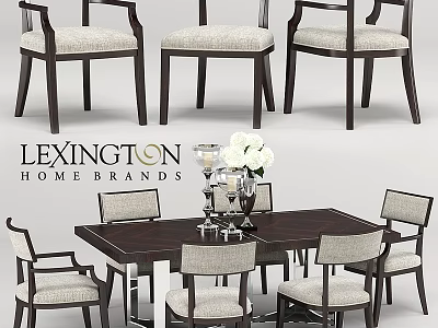 Lexington Home Brands Dining Table With Light Upholstered Chairs And Decorative Centerpiece 3d model