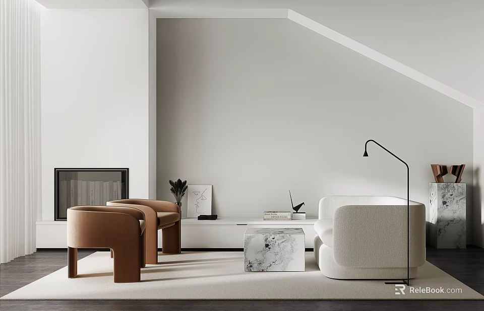 Modern Minimalist Living Room With Neutral Sofa Leather Chairs And Marble Coffee Table 3d model 