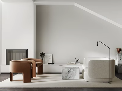 Modern Minimalist Living Room With Neutral Sofa Leather Chairs And Marble Coffee Table 3d model