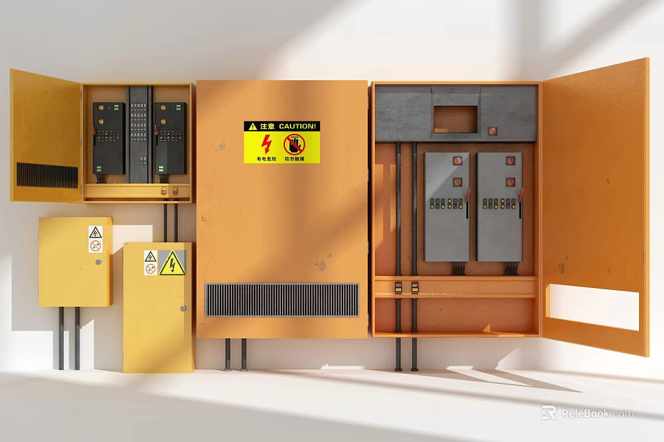 Industrial Electrical Control Panel With Yellow Enclosure Open Doors And Circuit Breakers 3d model 