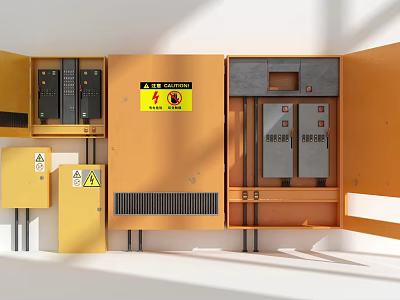 Industrial Electrical Control Panel With Yellow Enclosure Open Doors And Circuit Breakers 3d model